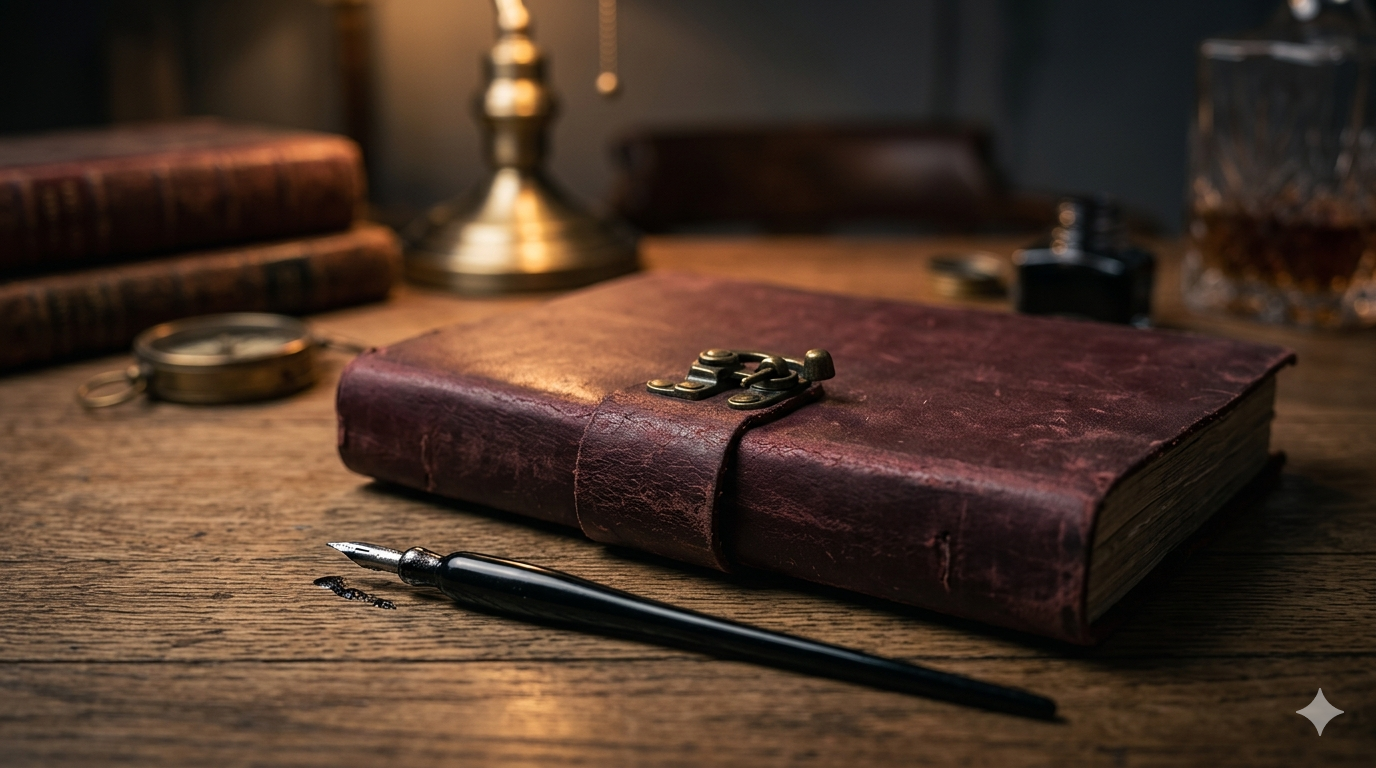 Cinematic, atmospheric photograph with a deep, moody chiaroscuro lighting profile. A macro shot focusing on the juxtaposition of texture and light. In the foreground, an intricate, tarnished brass latch on a closed, dark leather journal.